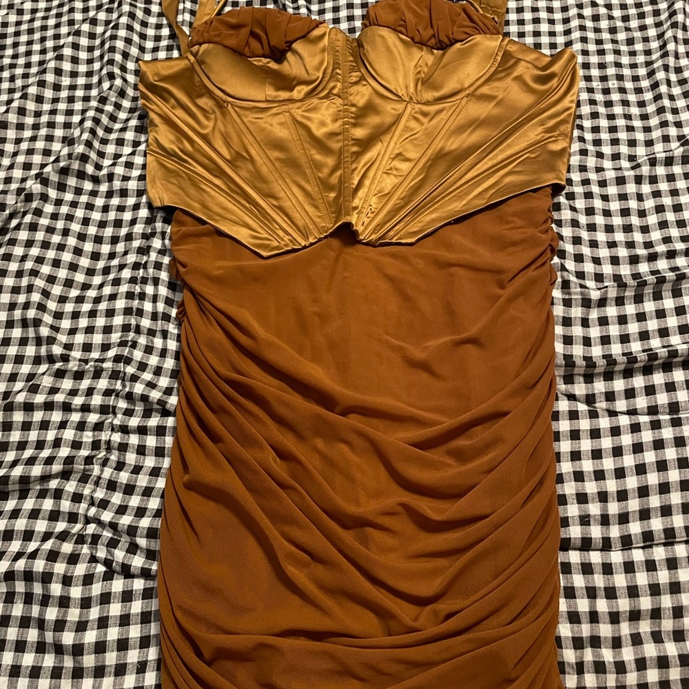 Fashion Nova Strapless Gold and Brown Dress